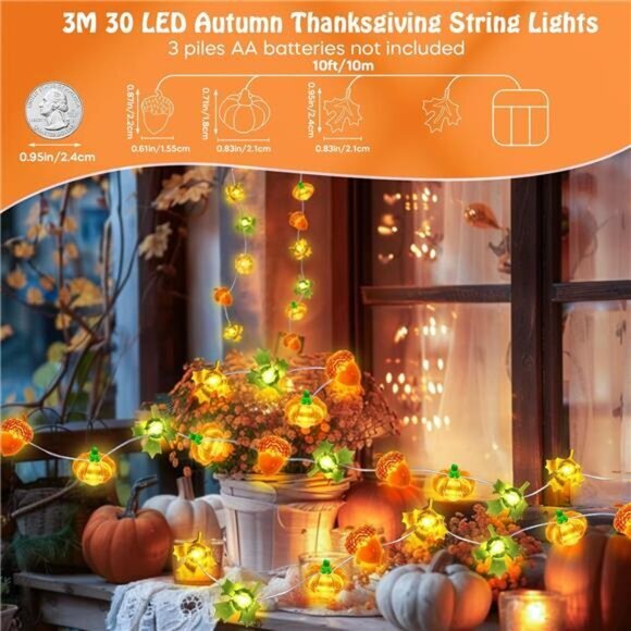 Fall Decorations for Home 30 LED Pumpkin Maple Leaf Lights Battery Operated - Picture 4 of 6